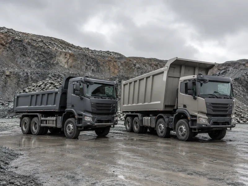 Deux bascules avec des configurations d’essieux différentes sur un tapis de chargement, montrant comment la profondeur de la carrosserie suit le matériau.