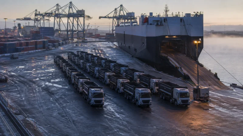 Les camions basculants étaient stationnés dans un port avant l’expédition en roulant, où les frais de débarquement commencent à s’accumuler