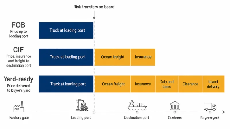 Diagramme de barres empilées comparant trois prix d’exportation, montrant l’augmentation des coûts de la porte de l’usine à la cour d’acheteur.