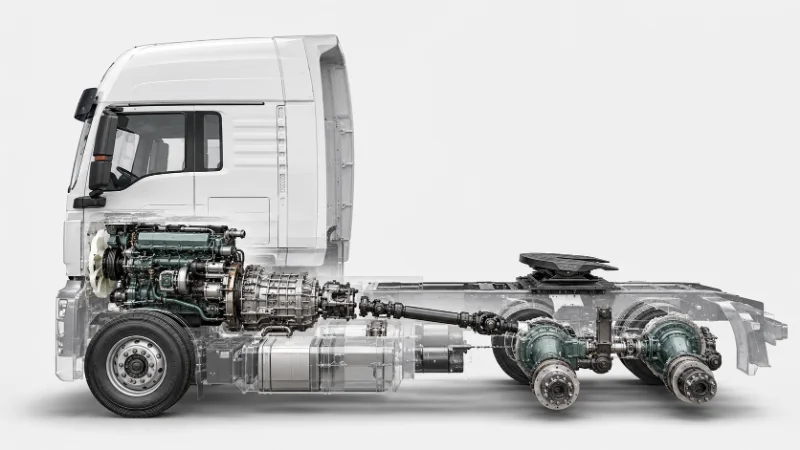 Profil latéral d’un SITRAK G7 6x4 moteur principal mettant en valeur la transmission dérivée de MAN qui détermine son prix