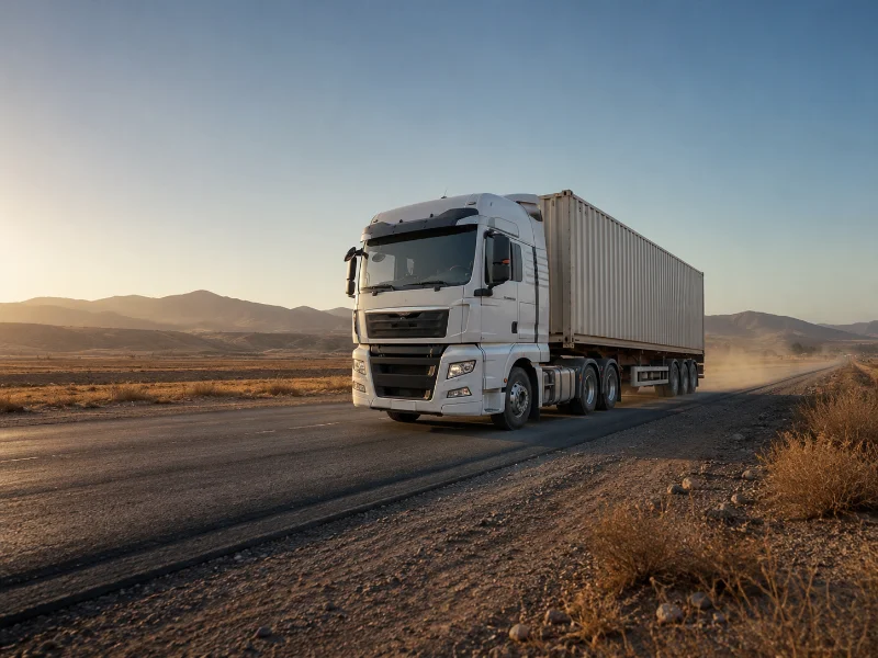 Tracteur SITRAK 6x4 chargé tirant une remorque porte-conteneurs sur une autoroute d’exportation en configuration Euro V