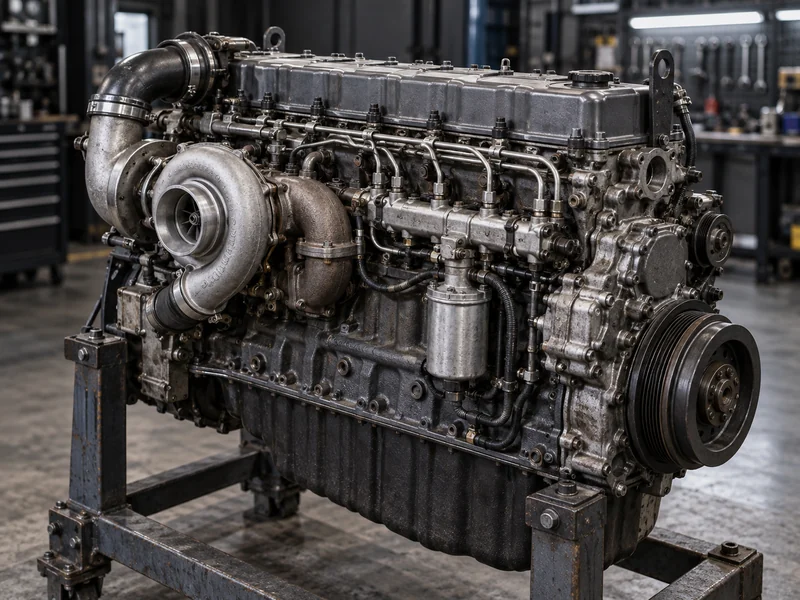 Vue rapprochée d'un moteur diesel six cylindres en ligne pour un tombereau 371 vs 420, montrant le moteur de la famille WD615 en lien avec la disponibilité des pièces