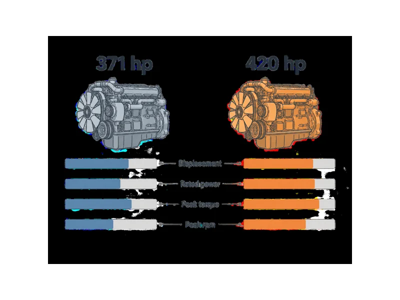 Schéma comparatif des caractéristiques moteur des camions-bennes 371 vs 420 : cylindrée, puissance nominale, couple maximal et régime