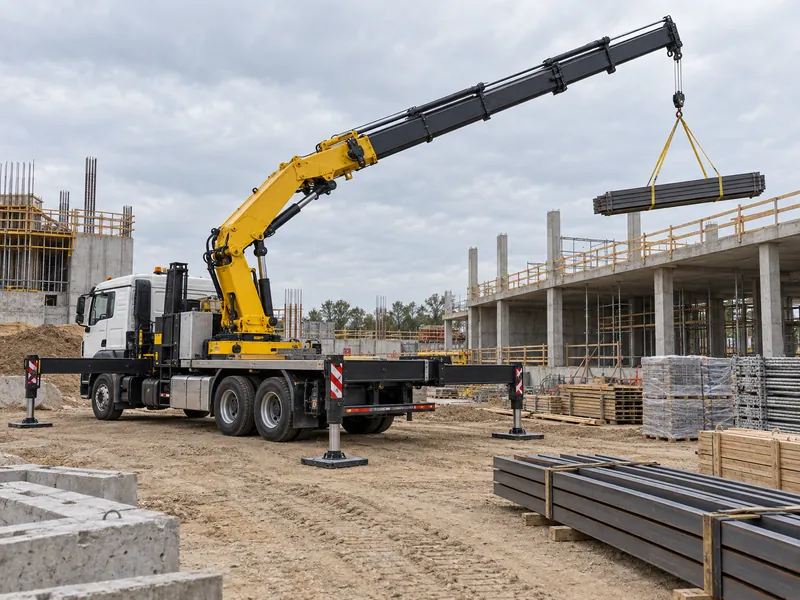 Séquencement des levages d'une grue montée sur camion HOWO depuis un poste de calage sur un chantier de construction