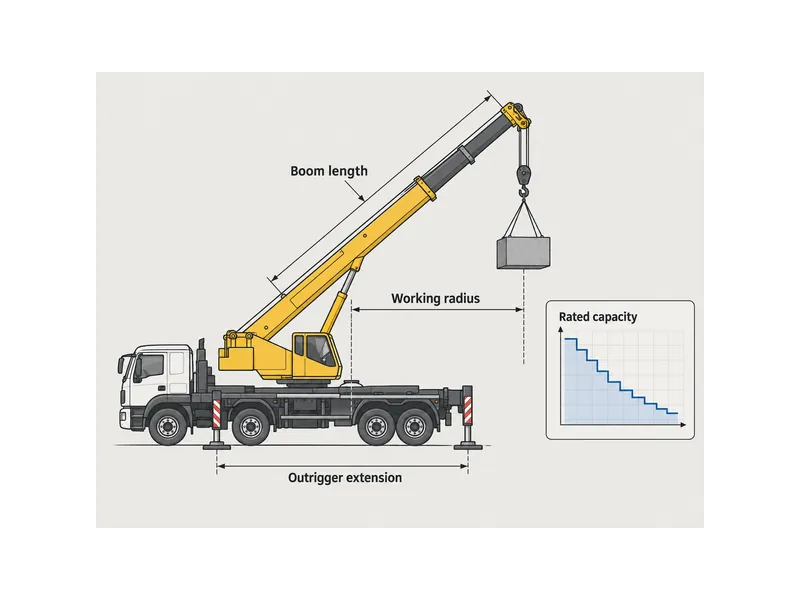 Diagramme de charge d'une grue HOWO indiquant la relation entre la capacité nominale, le rayon de travail et la longueur de flèche