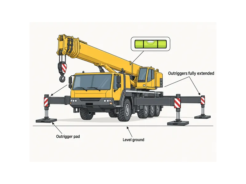Installation des stabilisateurs d'une grue HOWO sur un sol de niveau, avec extension maximale et plaques d'appui pour supporter la capacité nominale