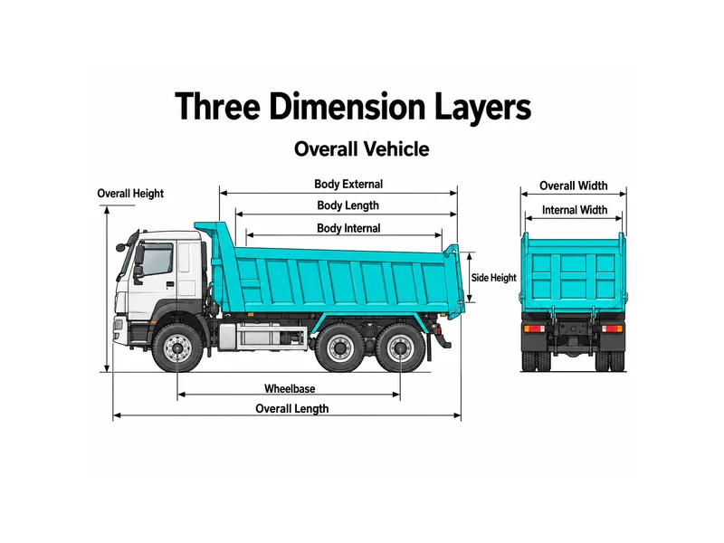 Schéma des dimensions du camion benne HOWO comparant les dimensions hors tout, ainsi que les dimensions extérieures et intérieures de la benne