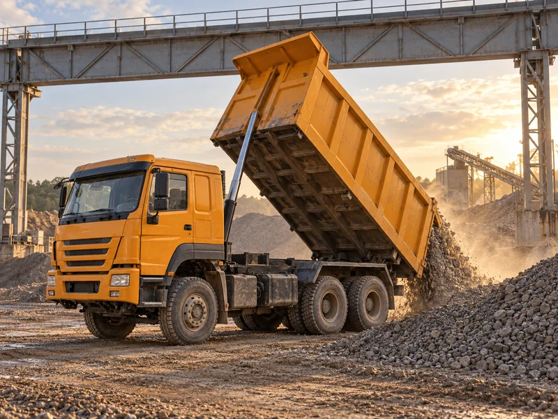 Camion benne HOWO basculé à pleine hauteur, montrant le gabarit de déversement au-dessus de la hauteur de circulation