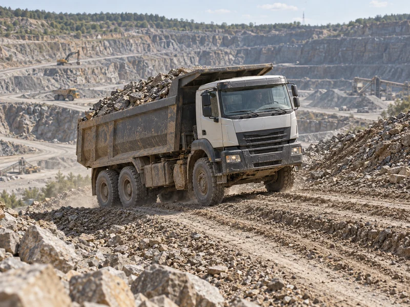 Camion-benne HOWO chargé gravissant une route de carrière en forte pente, où un rapport de pont plus élevé améliore la capacité de franchissement de côte et la capacité de démarrage en charge