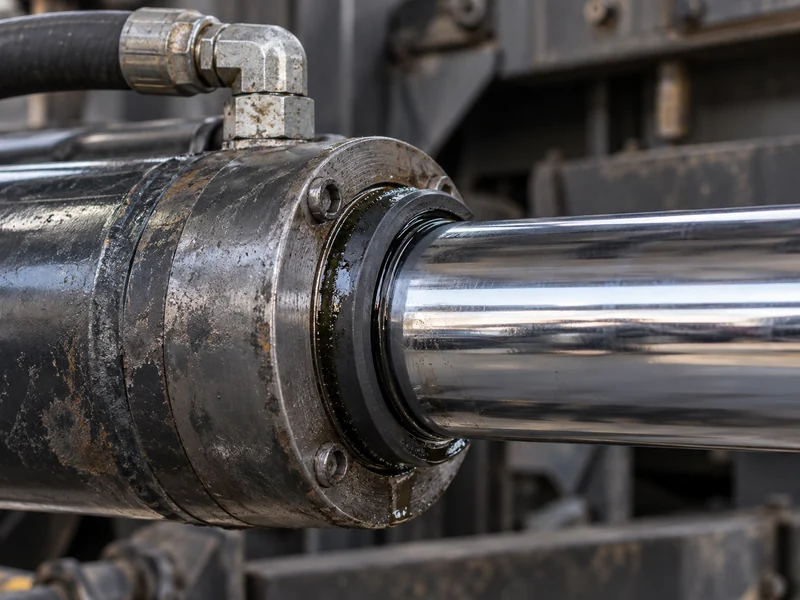 Gros plan sur la tige et le joint du vérin hydraulique d'un camion benne HOWO, point courant de fuite et d'usure par efforts latéraux