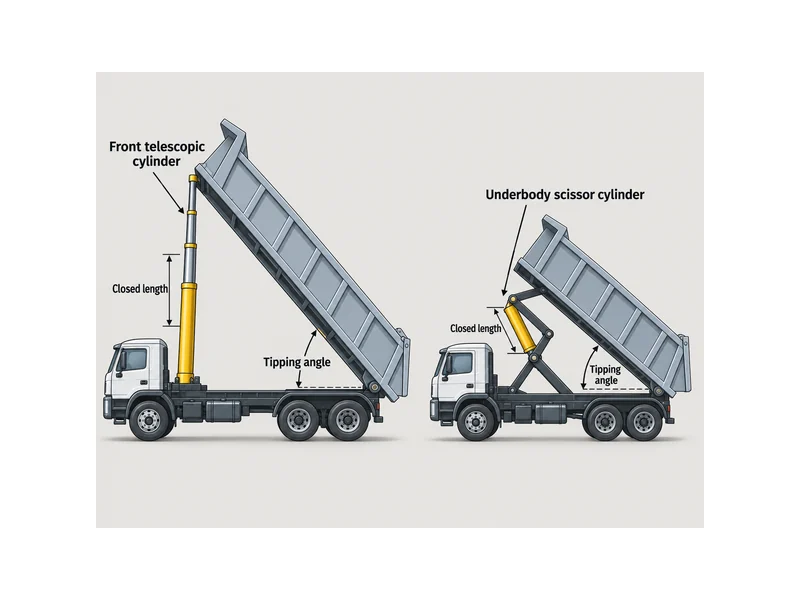 Configurations de vérins télescopiques et de vérins à ciseaux sous châssis dans le système hydraulique d'un camion benne HOWO, montrant la longueur repliée et l'angle de basculement