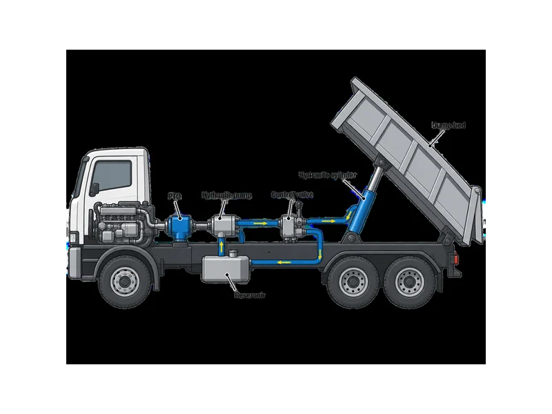 Chaîne de puissance du système hydraulique du camion benne HOWO, de la prise de force et de la pompe jusqu'au vérin en passant par le distributeur