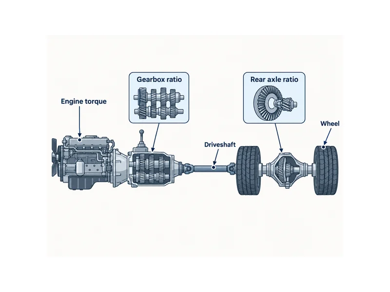 Schéma décomposant le rapport de transmission d'un camion-benne HOWO en étagement de la boîte de vitesses et rapport de pont arrière fixe entre l'arbre de transmission et les roues