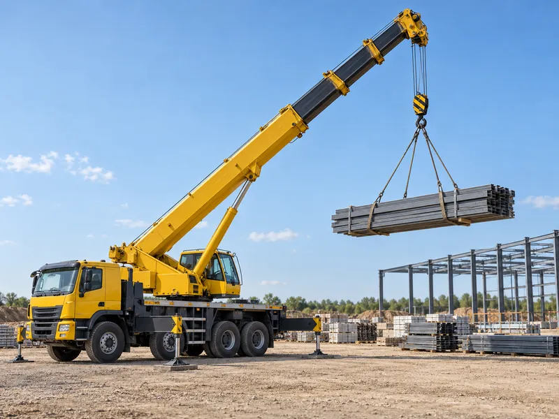 Grue sur camion HOWO soulevant des composants en acier au rayon de travail, stabilisateurs déployés sur le chantier