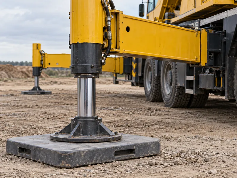 Stabilisateur déployé et patin de répartition soutenant la capacité de levage nominale d'une grue sur camion HOWO