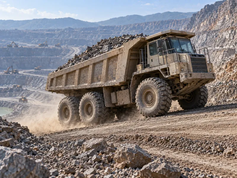 Tombereau Shacman gravissant une rampe de mine nivelée, équipé de pneus tout-terrain à sculpture profonde