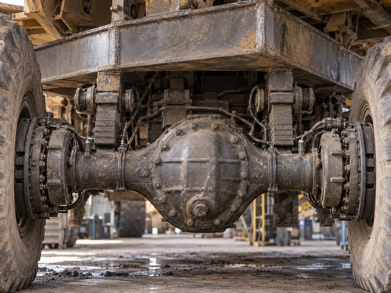 Gros plan du pont moteur robuste et du châssis renforcé à double couche d'un tombereau minier Shacman