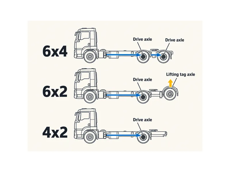 Comparaison des configurations de transmission du tracteur routier SITRAK C7H : un 6x4 à deux essieux moteurs arrière, un 6x2 à essieu relevable et un 4x2 à essieu moteur unique
